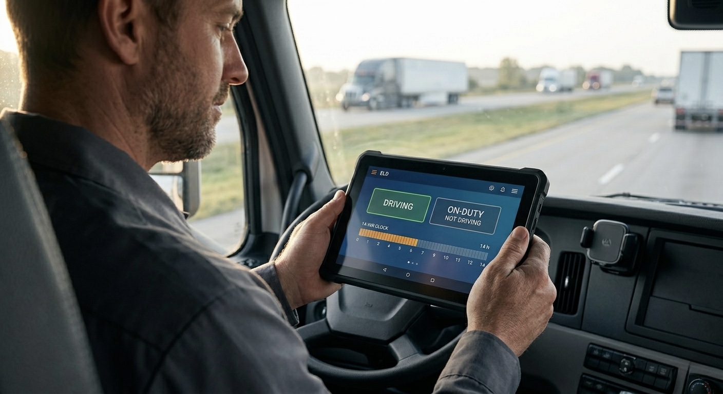 Driver safety compliance app showing HOS log timeline, automatic duty status recording, and violation alert panel on mobile device