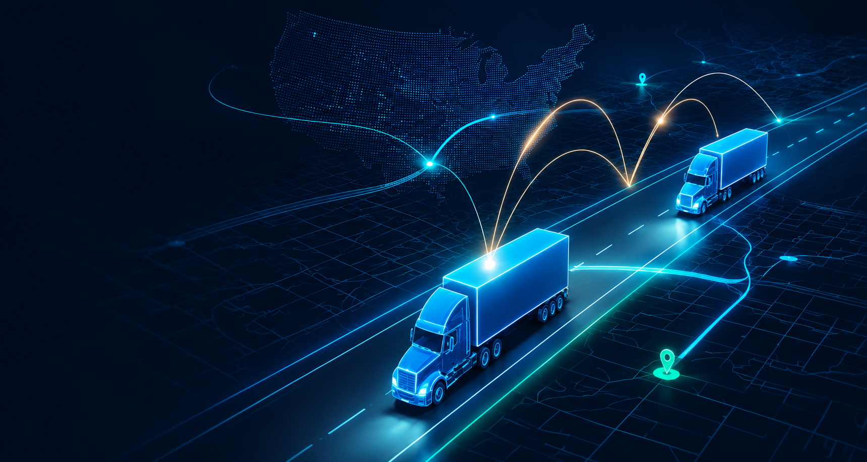 ELD compliance dashboard showing real-time fleet tracking on dark background with GPS routes and driver status
