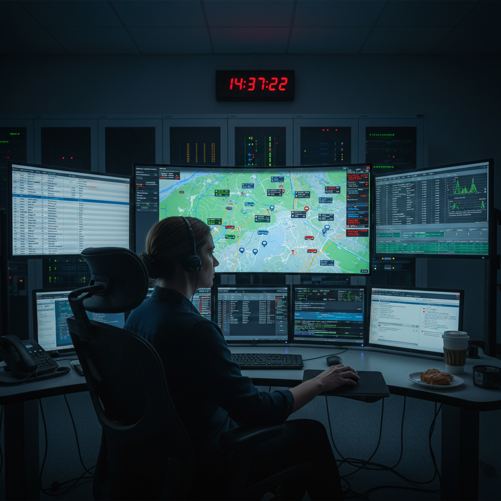 Real-time fleet tracking dashboard showing live GPS map with multiple truck locations and driver status panels